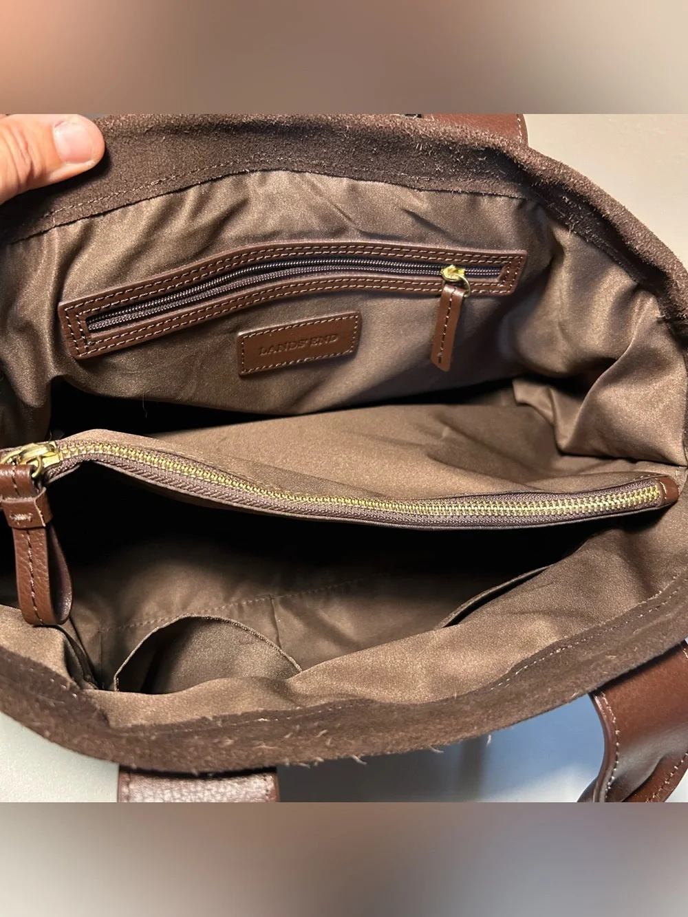 Lands’ End Suede Leather Tote Bag Brown Buckle Shoulder Handbag Large
